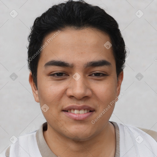 Joyful asian young-adult male with short  black hair and brown eyes