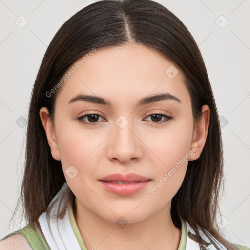 Joyful white young-adult female with long  brown hair and brown eyes