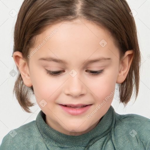 Joyful white child female with medium  brown hair and brown eyes