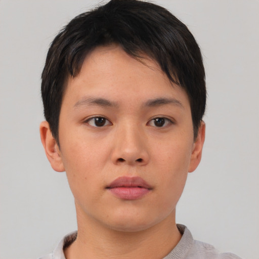 Neutral asian young-adult female with short  brown hair and brown eyes
