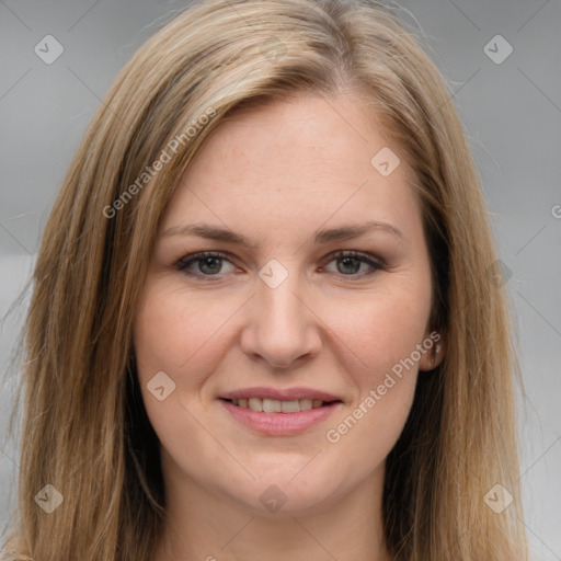 Joyful white young-adult female with long  brown hair and brown eyes