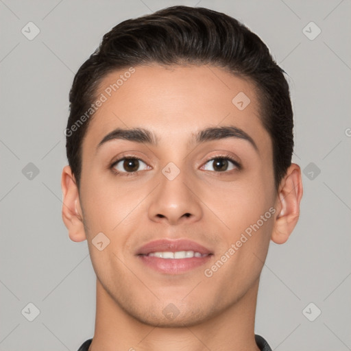 Joyful white young-adult male with short  brown hair and brown eyes