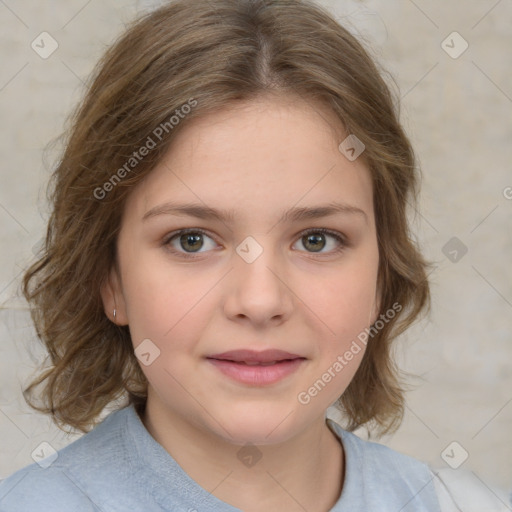 Joyful white child female with medium  brown hair and brown eyes