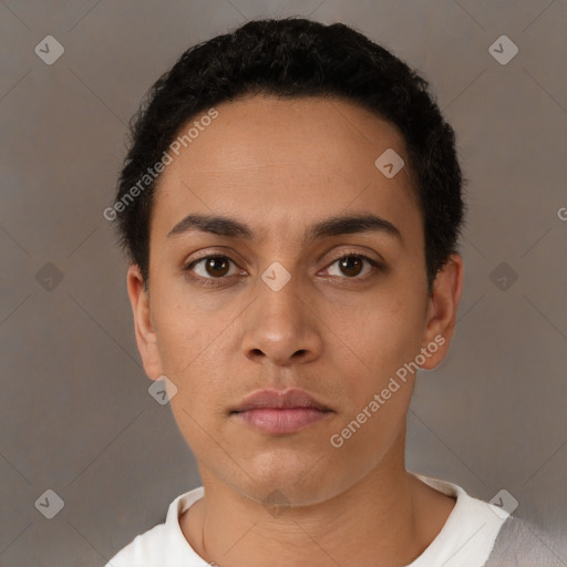 Neutral latino young-adult male with short  black hair and brown eyes