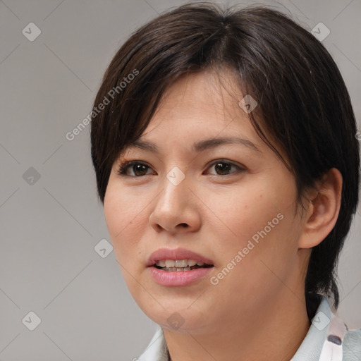 Joyful white young-adult female with medium  brown hair and brown eyes