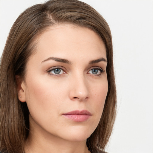 Neutral white young-adult female with long  brown hair and grey eyes