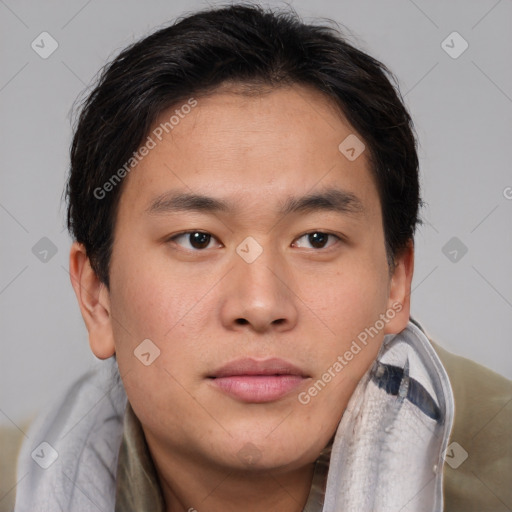 Neutral asian young-adult male with short  brown hair and brown eyes