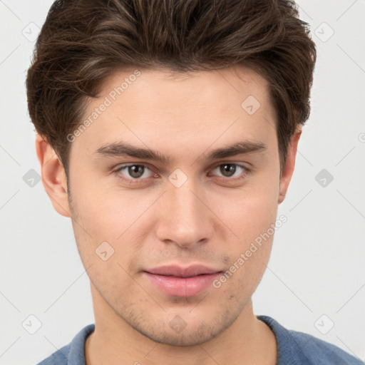 Neutral white young-adult male with short  brown hair and brown eyes