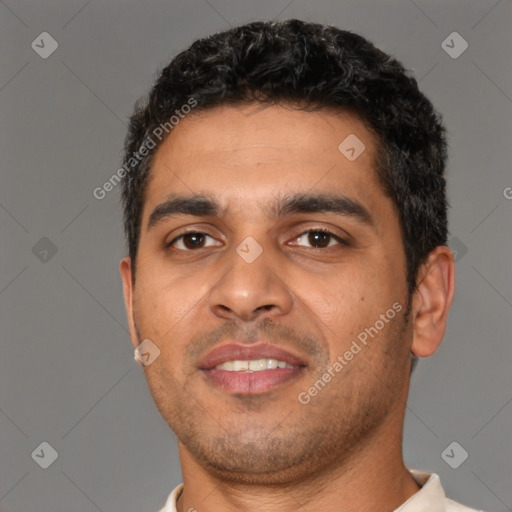 Neutral latino young-adult male with short  black hair and brown eyes