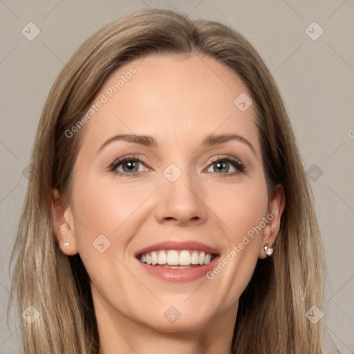 Joyful white young-adult female with long  brown hair and grey eyes