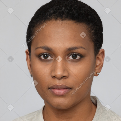 Neutral black young-adult female with short  black hair and brown eyes