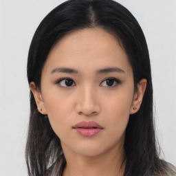 Neutral asian young-adult female with long  brown hair and brown eyes