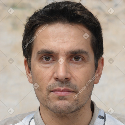 Neutral white adult male with short  black hair and brown eyes