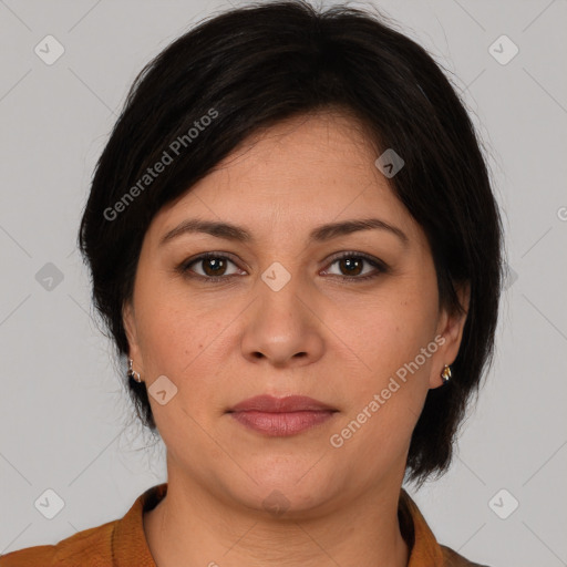 Joyful white young-adult female with medium  brown hair and brown eyes