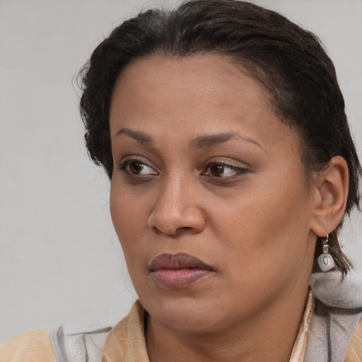 Neutral latino adult female with medium  brown hair and brown eyes