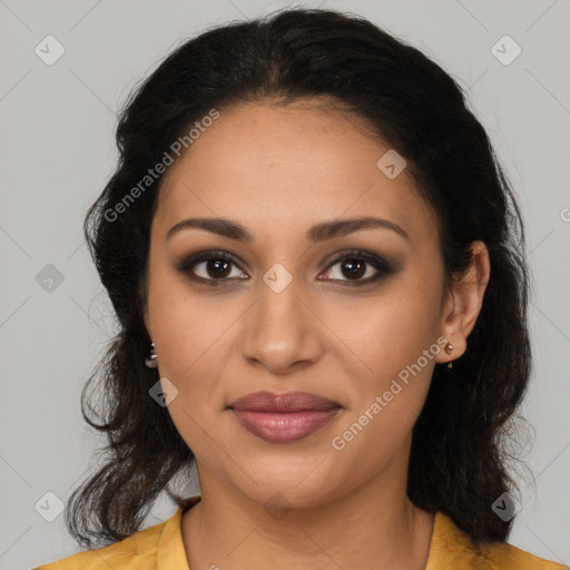 Joyful latino young-adult female with medium  brown hair and brown eyes