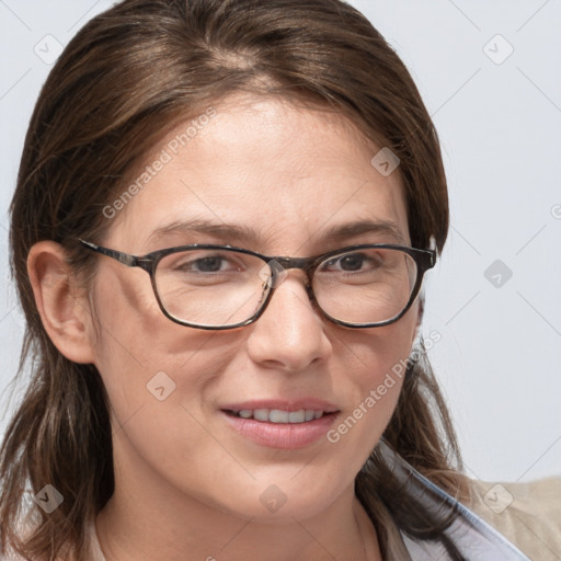 Joyful white young-adult female with medium  brown hair and blue eyes