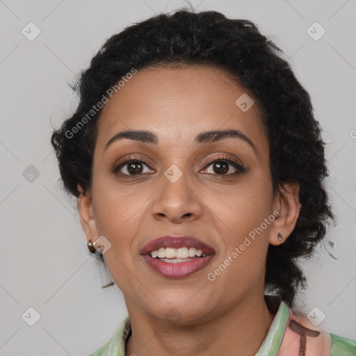 Joyful latino young-adult female with short  brown hair and brown eyes