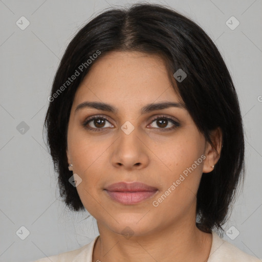 Joyful latino young-adult female with medium  black hair and brown eyes