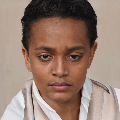 Neutral black young-adult female with short  black hair and brown eyes