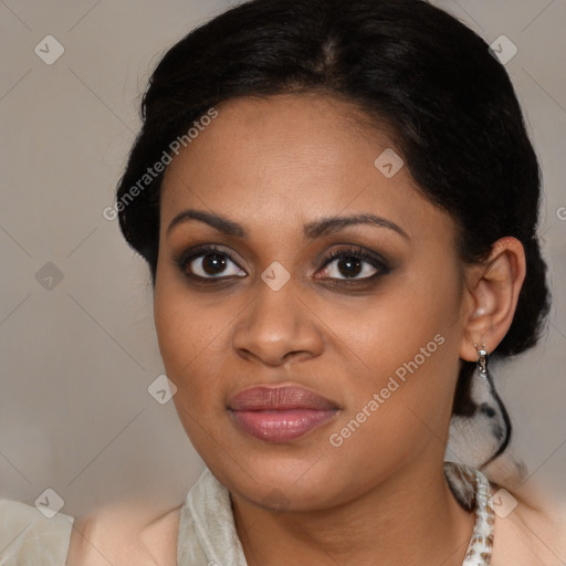 Joyful latino young-adult female with medium  brown hair and brown eyes