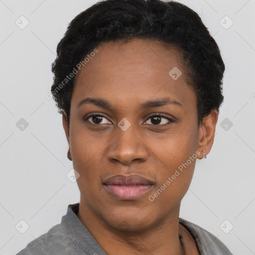 Neutral black young-adult female with short  black hair and brown eyes