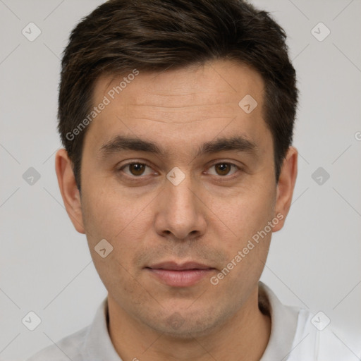 Neutral white young-adult male with short  brown hair and brown eyes