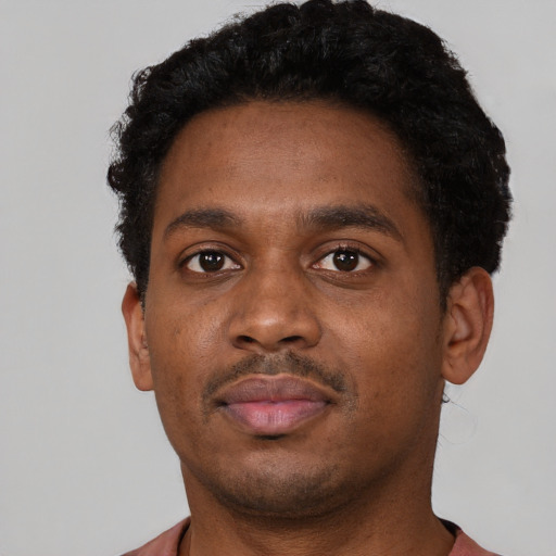 Neutral black young-adult male with short  black hair and brown eyes