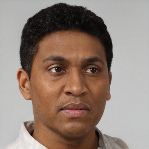 Neutral black young-adult male with short  black hair and brown eyes