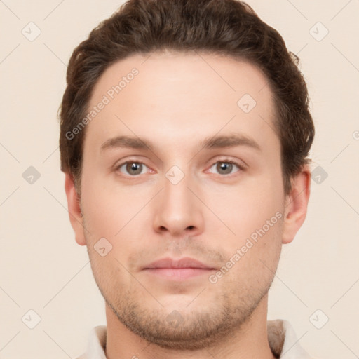 Neutral white young-adult male with short  brown hair and brown eyes