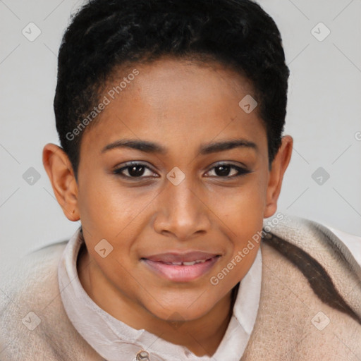 Joyful black young-adult female with short  brown hair and brown eyes