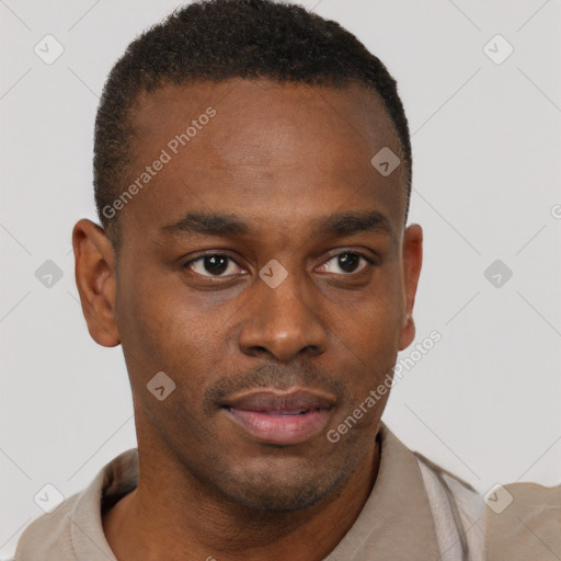 Neutral black young-adult male with short  brown hair and brown eyes