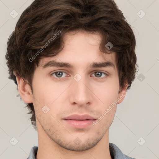 Neutral white young-adult male with short  brown hair and grey eyes