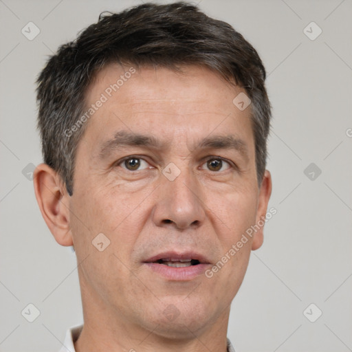 Neutral white adult male with short  brown hair and brown eyes