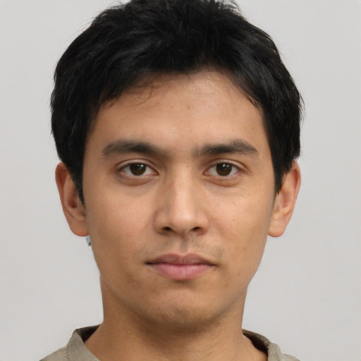 Neutral asian young-adult male with short  black hair and brown eyes