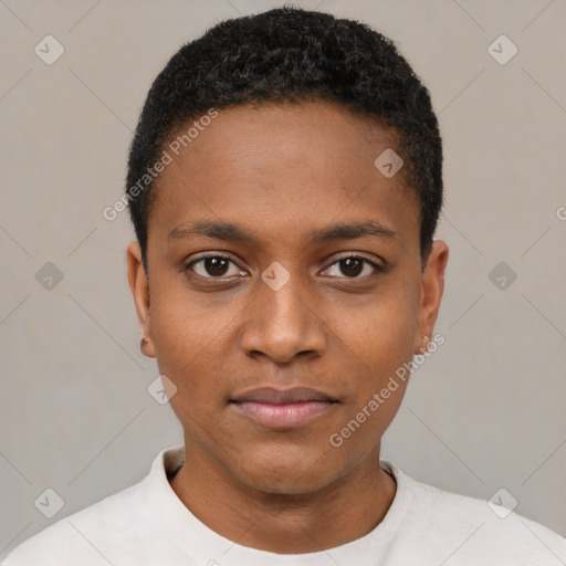 Neutral black young-adult male with short  black hair and brown eyes