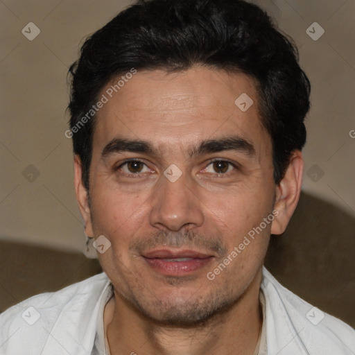 Joyful white adult male with short  black hair and brown eyes