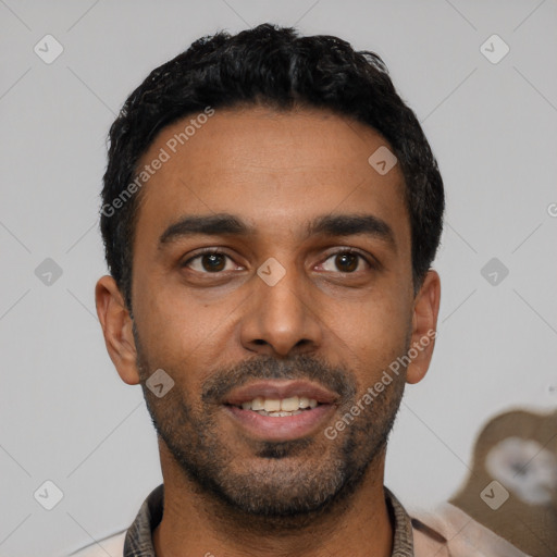 Neutral latino young-adult male with short  black hair and brown eyes