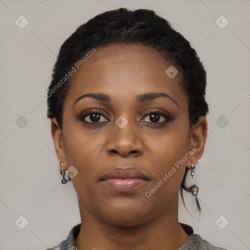 Neutral black young-adult female with short  black hair and brown eyes