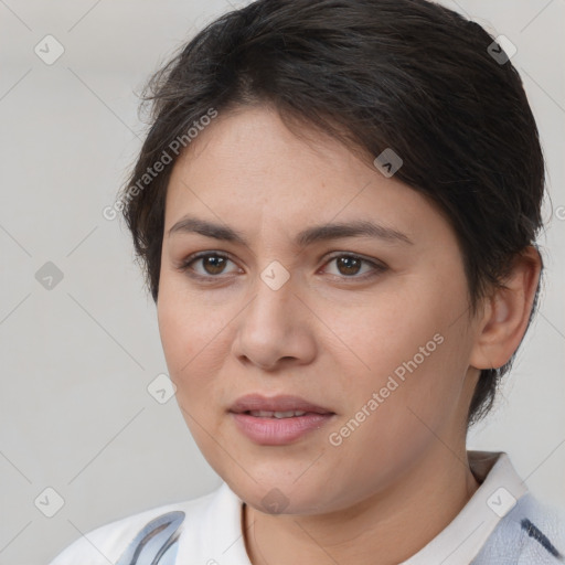 Joyful white young-adult female with medium  brown hair and brown eyes