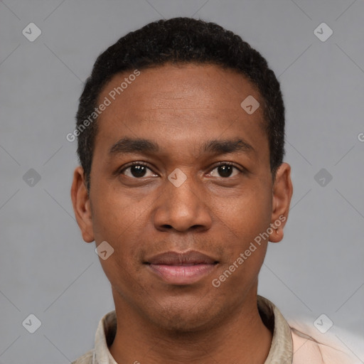 Neutral latino young-adult male with short  black hair and brown eyes