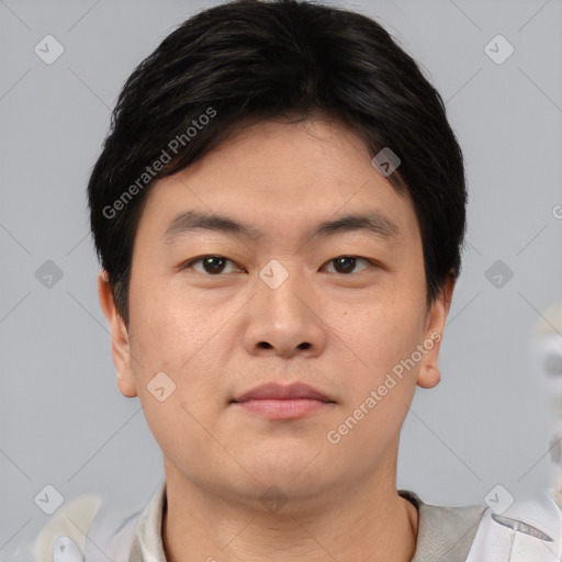 Neutral asian young-adult male with short  brown hair and brown eyes