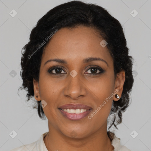 Joyful black young-adult female with medium  brown hair and brown eyes