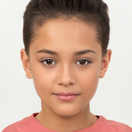 Joyful white child female with short  brown hair and brown eyes