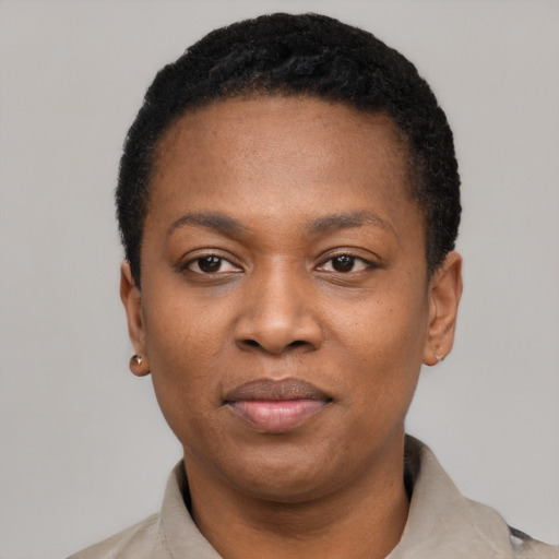 Joyful black young-adult female with short  black hair and brown eyes