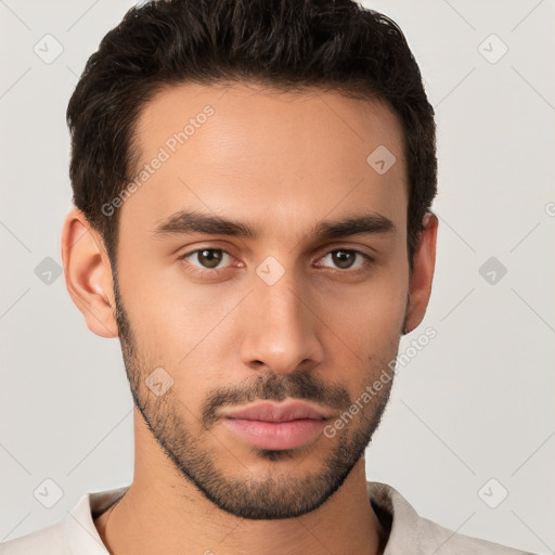 Neutral white young-adult male with short  brown hair and brown eyes