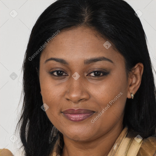 Joyful asian young-adult female with long  brown hair and brown eyes