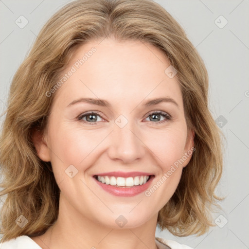 Joyful white young-adult female with medium  brown hair and green eyes