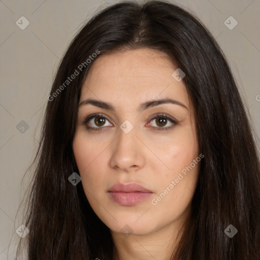 Neutral white young-adult female with long  brown hair and brown eyes