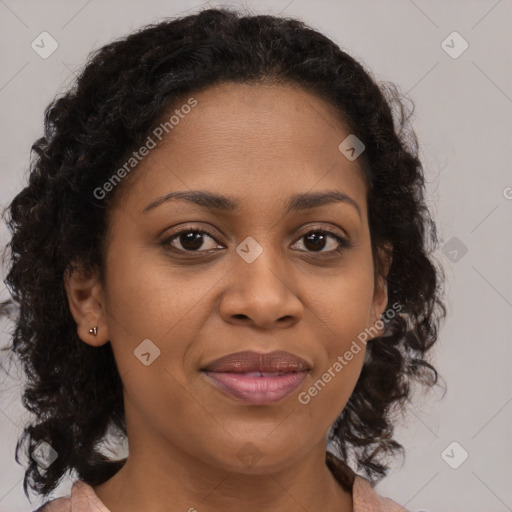 Joyful black young-adult female with medium  brown hair and brown eyes